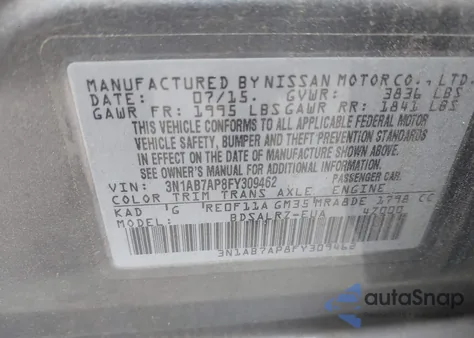 2015 Nissan Sentra Sr z USA, uszkodzony, nr VIN 3N1AB7AP8FY309462